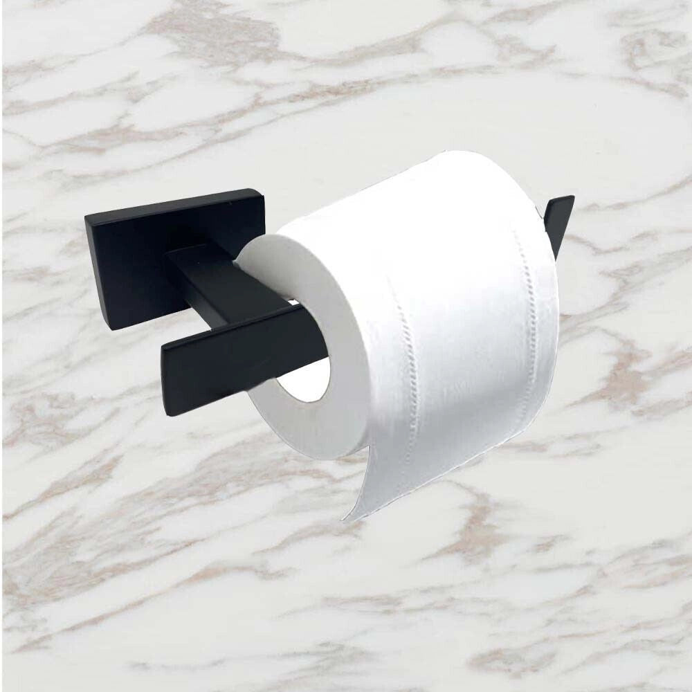 Trade Shop - Set Bagno Rettangolare Nero 6pz Porta Asciugamano Rotolo Bicchiere Spazzolino 87262 -