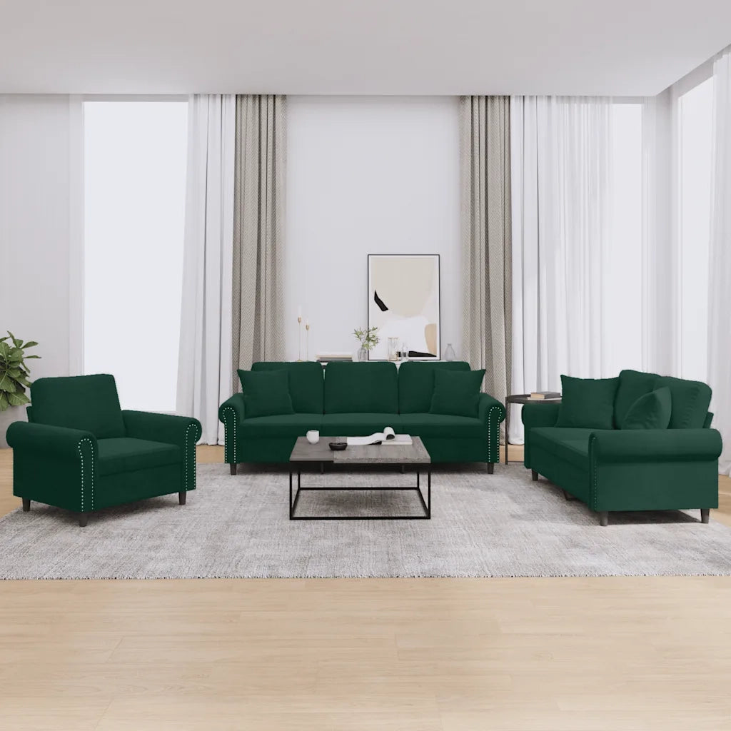 Set di Divani 3 pz con Cuscini Verde Scuro in Velluto