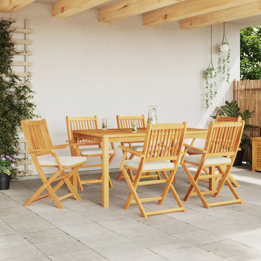Sedia da Giardino Pieghevole  con Cuscino Bianco 6 pezzi in Legno Massello di Acacia