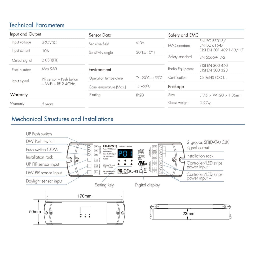 Controller Dimmer SPI Con Push Pulsante, Tuya WIFI, RF 2.4G, Sensore PIR, 5-24V 10A, 960 Pixel, Per Striscia Led Running