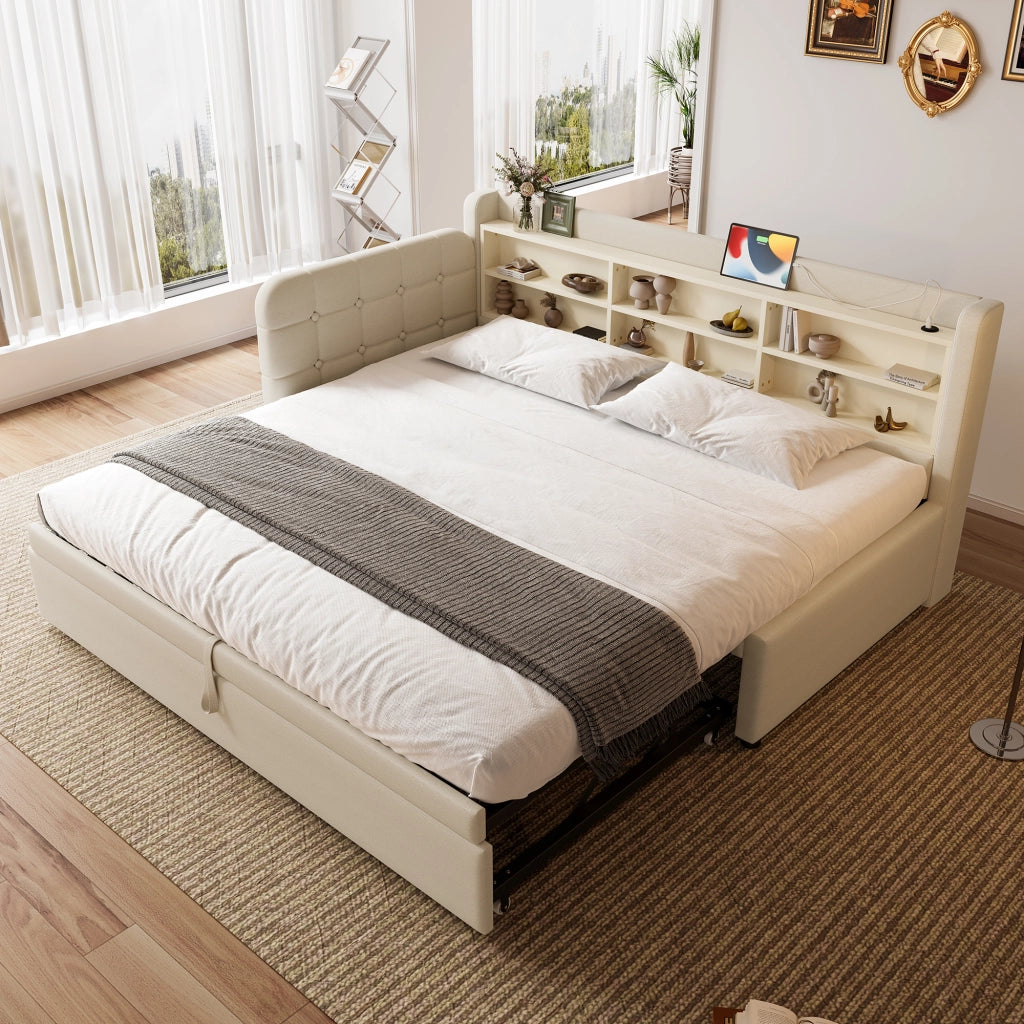 Letto Estraibile 90x200 cm e 180x200 cm; USB e Type-C; con Mensole; in Lino; Beige
