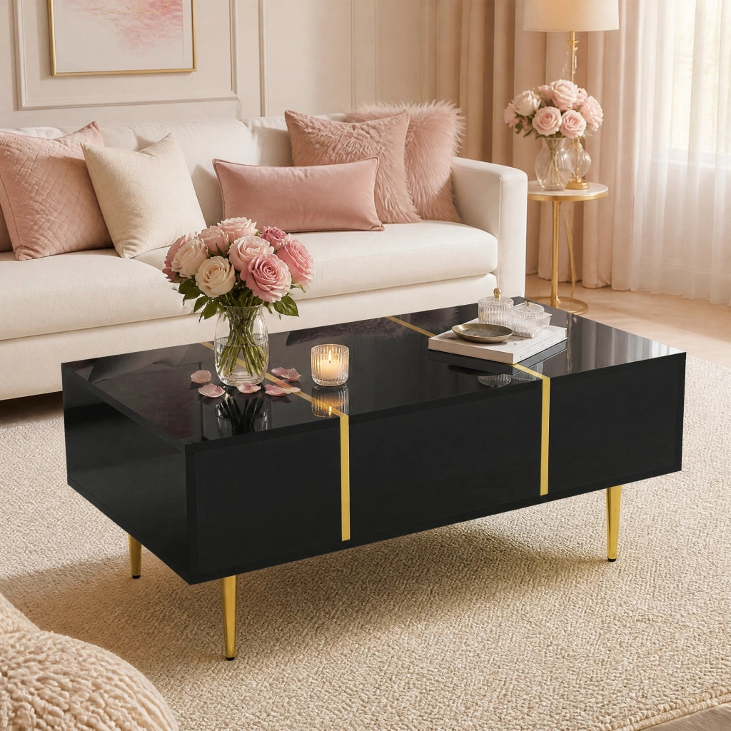 Tavolino da caffè moderno nero lucido con 2 cassetti; 100 x 60 x 41;5 cm; in MDF