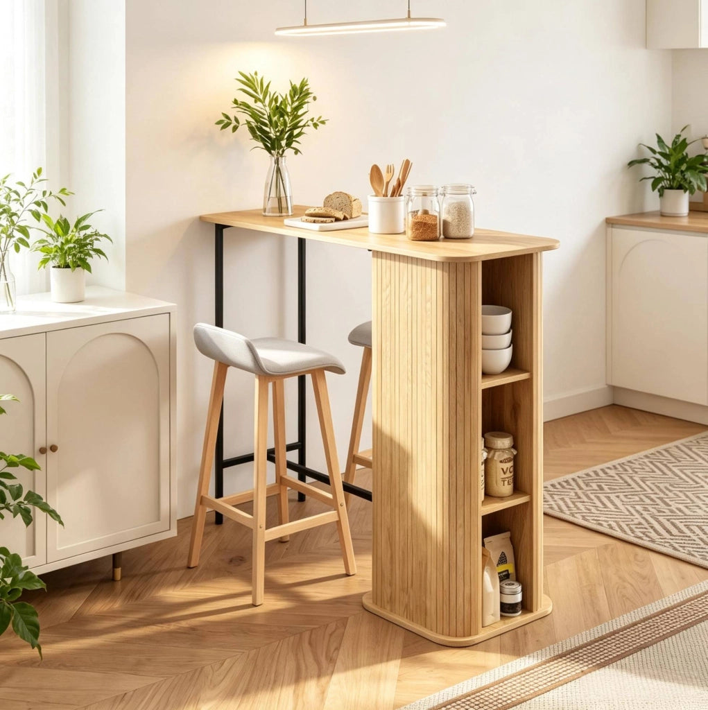 Tavolo bar effetto rovere con ripiani laterali e piedini regolabili