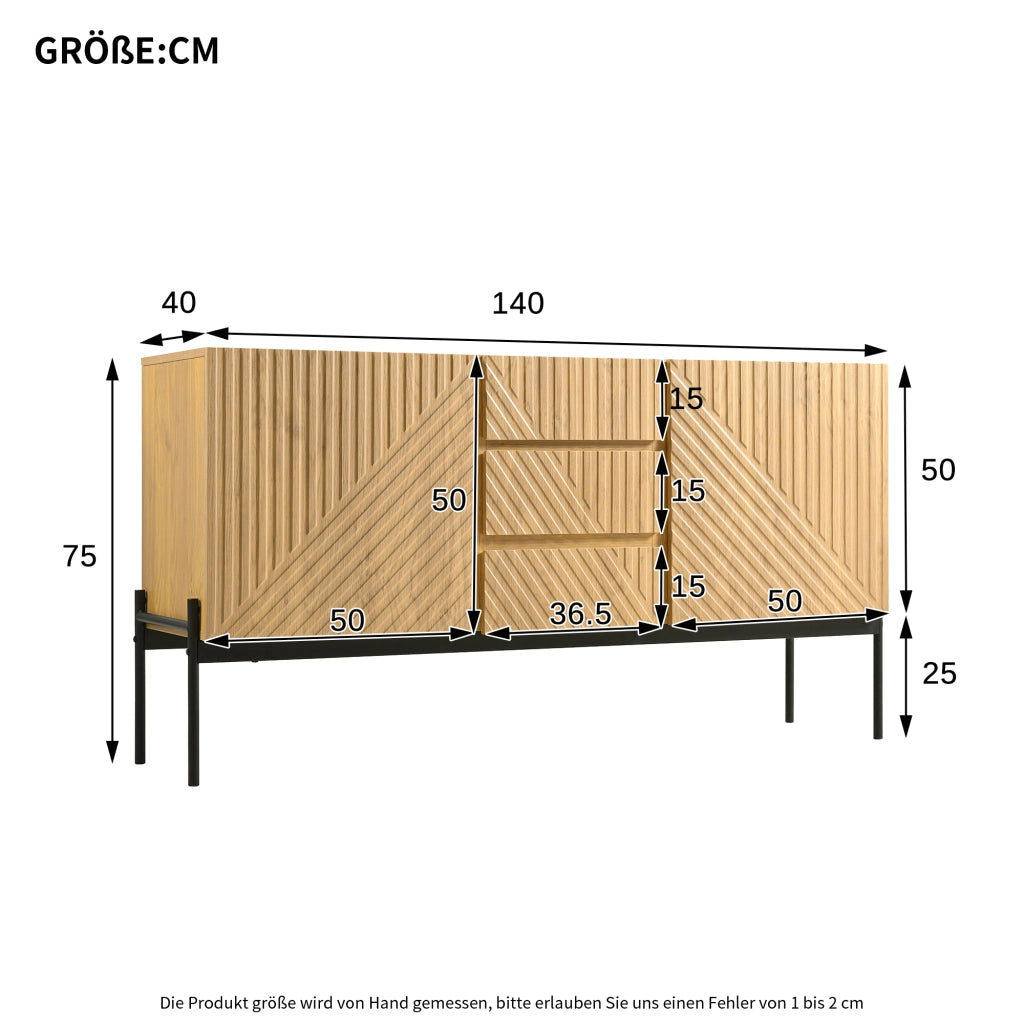 Sideboard moderno con 2 ante e 3 cassetti, struttura in truciolare con gambe in metallo, colore Natural, 140x40x75 cm