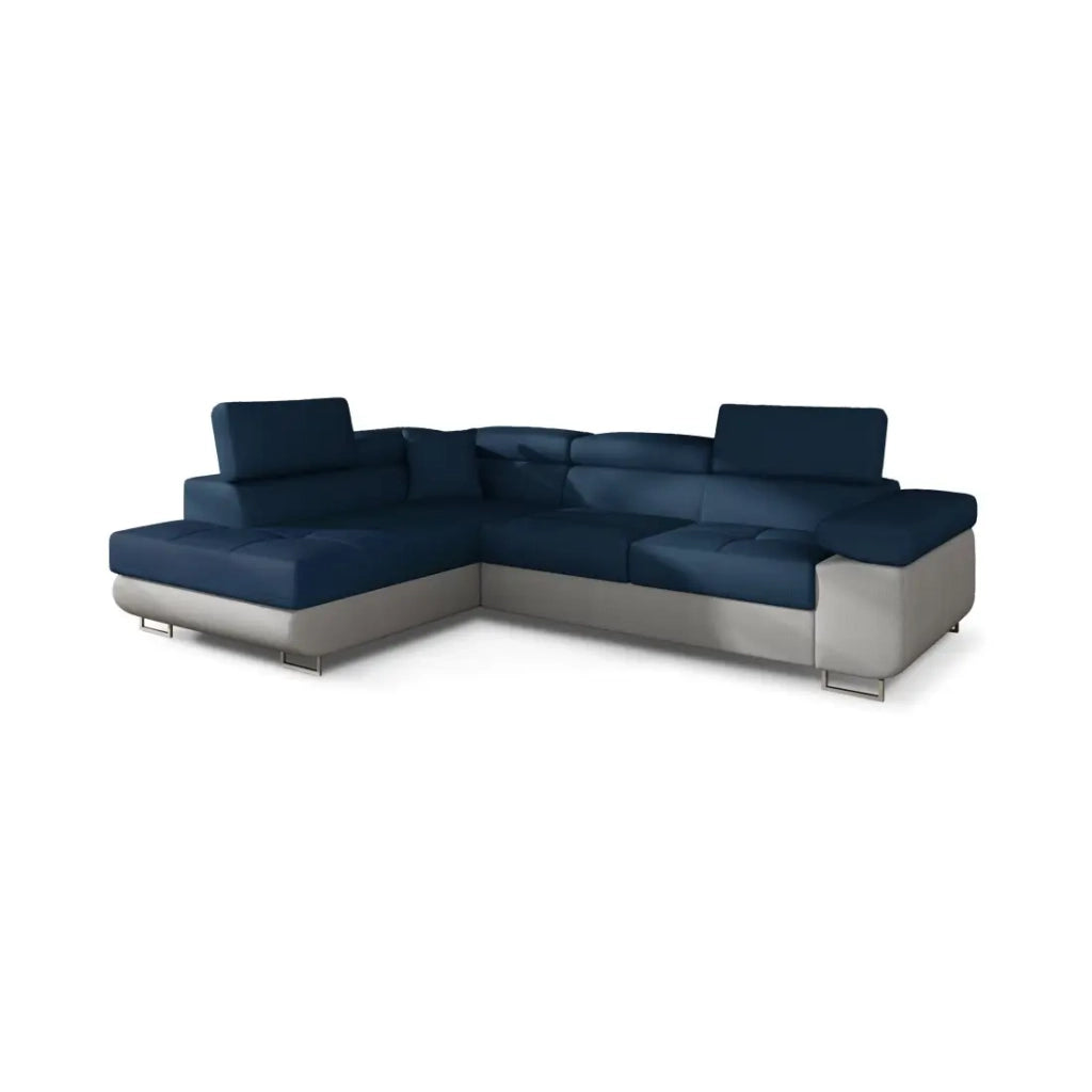 Divano angolare trasformabile MENTON blu oceano e bianco bouclé – Angolo sinistro con vano contenitore
