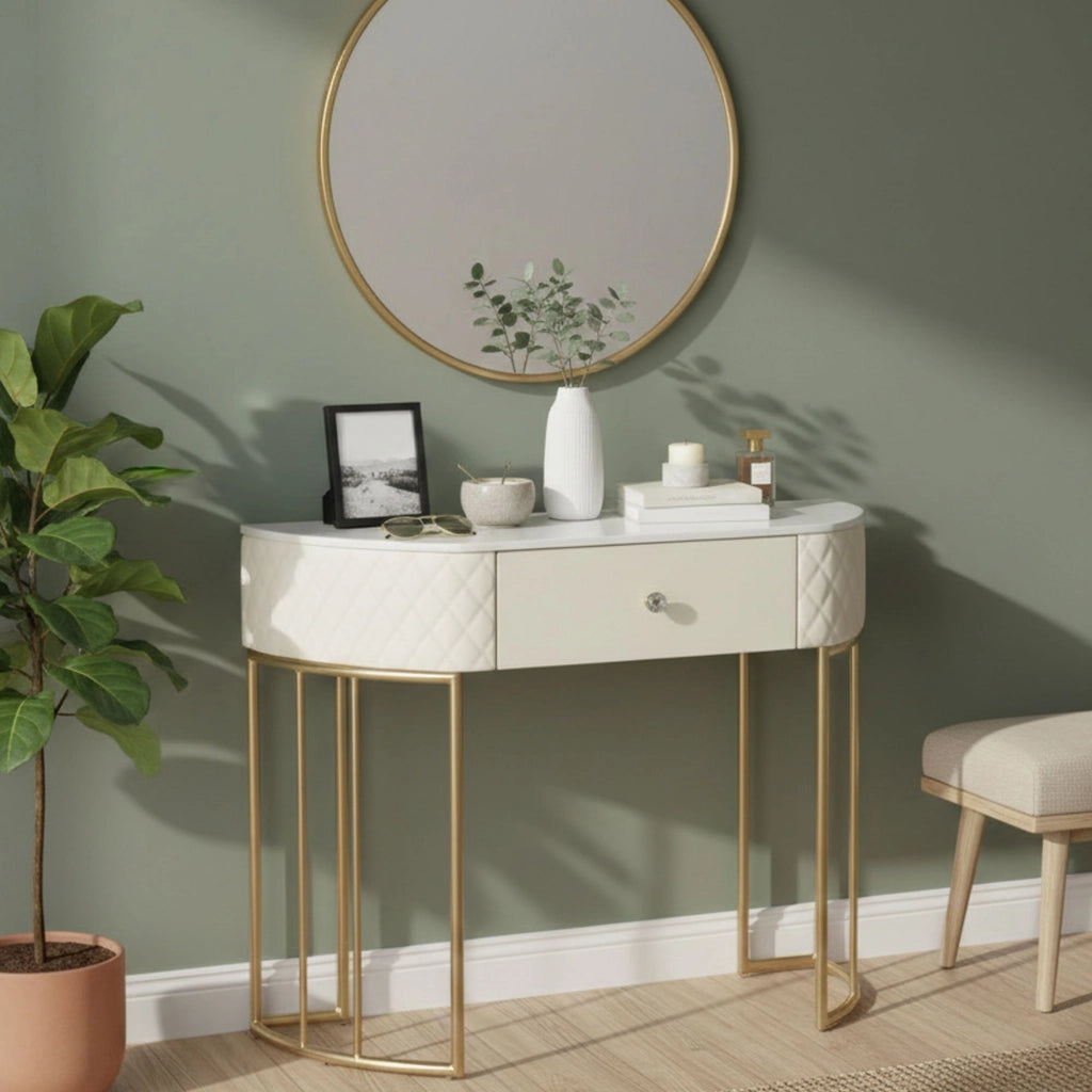 Consolle Niccolo, Tavolo multiuso, Mobiletto d'appoggio, Scrivania da corridoio, 100x40 h75 cm, Bianco e Oro