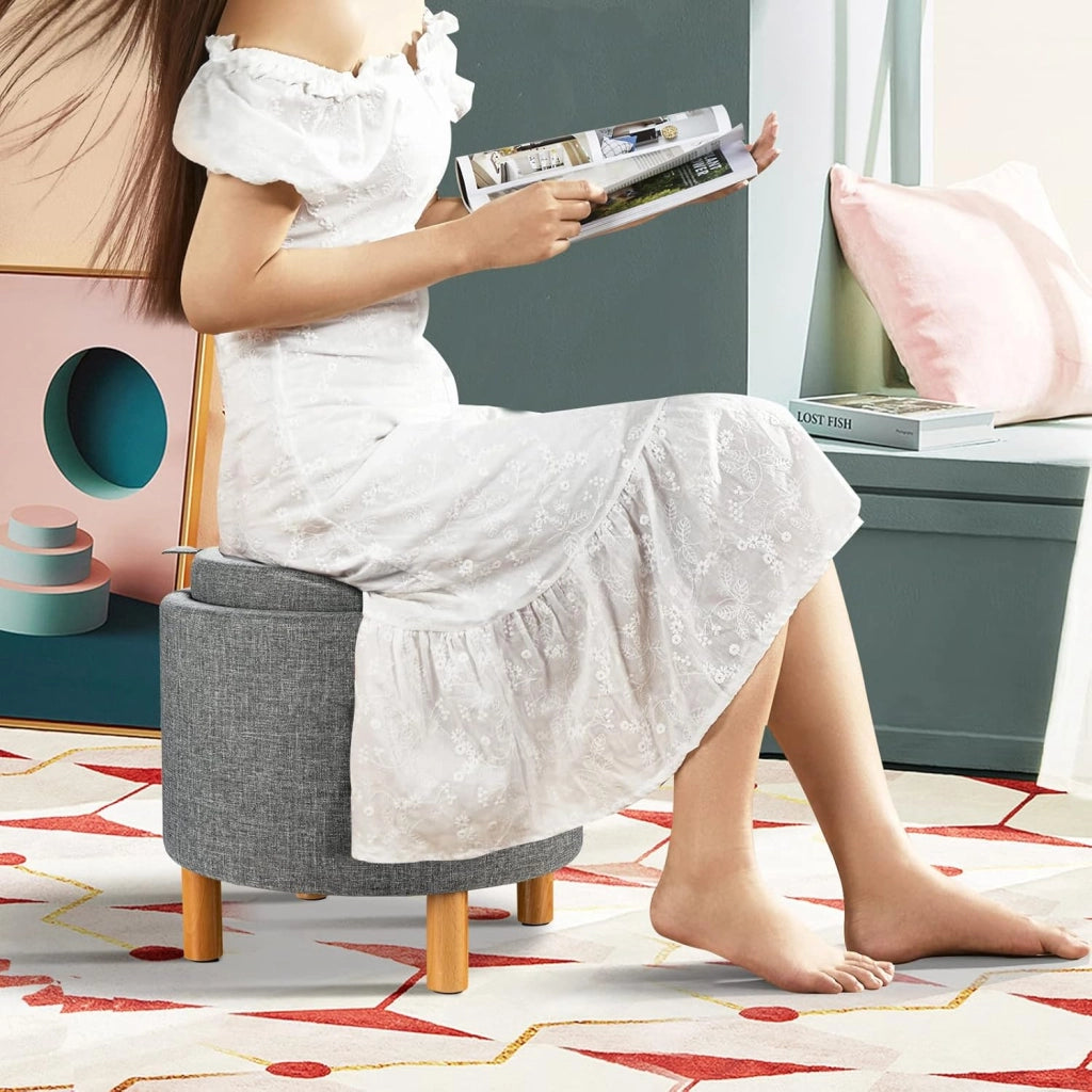 Pouf con Spazio di Archiviazione, Poggiapiedi Rotondo con Vassoio Reversibile e Spazio di Stoccaggio Nascosto, Pouf Imbottito Multifunzionale per Camera da Letto, Soggiorno, Ufficio (Grigio)