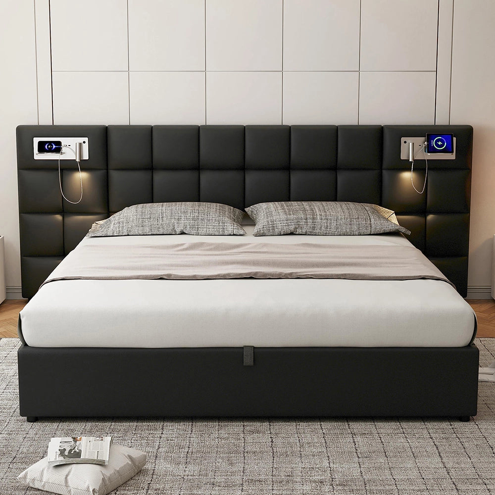 Letto imbottito con idraulico - Xylo - 180x200 cm - Nero - Ricarica wireless USB & lampada