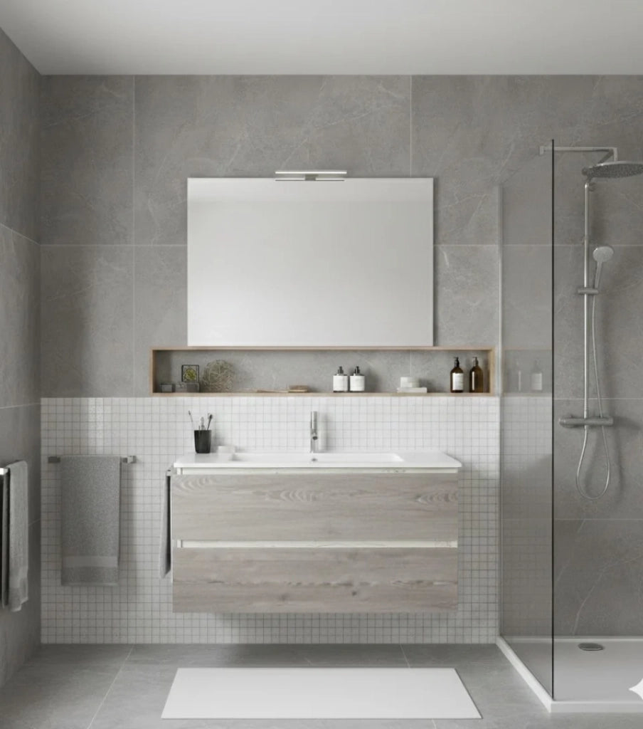 Mobile Bagno LOKI Già Montato 2 cassetti con piedini, lavabo e specchio Combi 70x40 cm