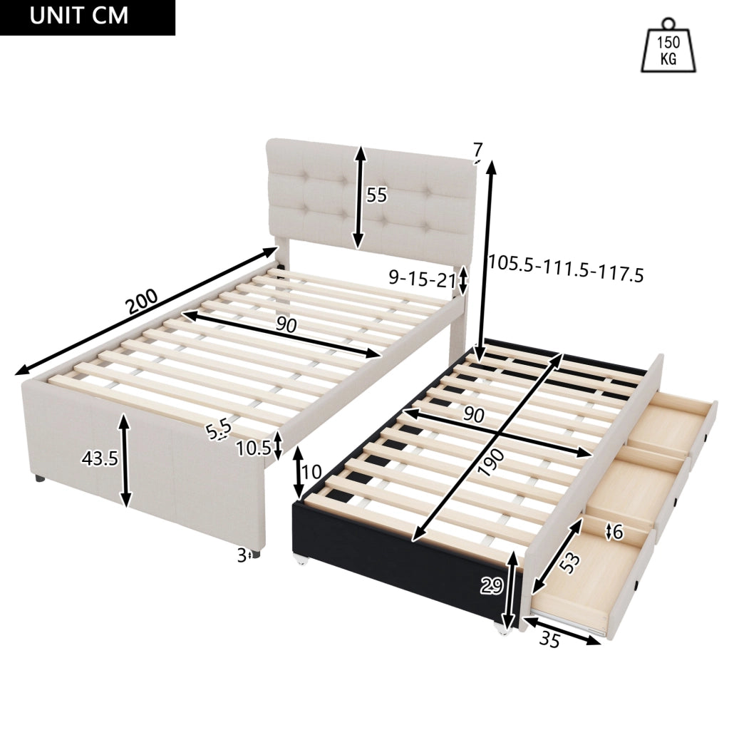 Letto imbottito con letto estraibile e 3 cassetti, beige, 90x200 cm