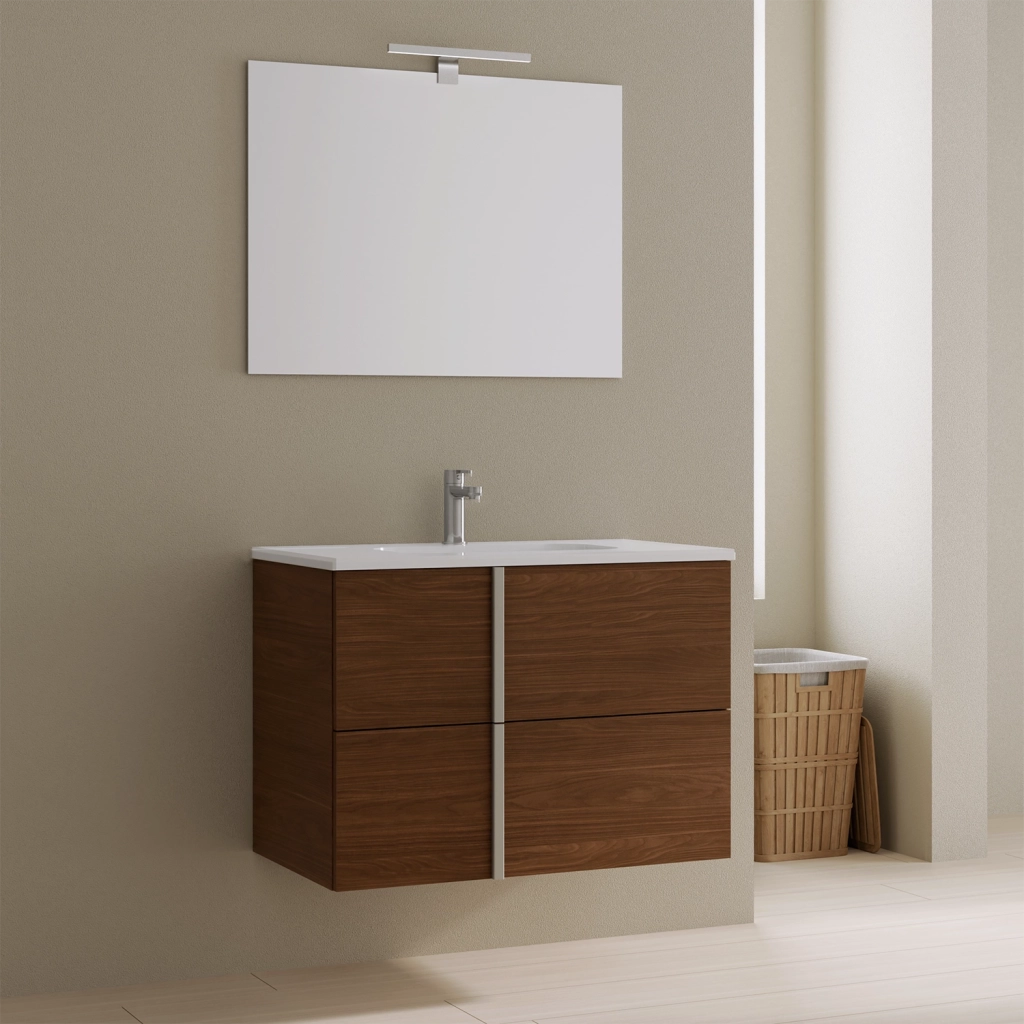 Mobile da bagno sospeso 100cm noce scuro con lavabo e specchio | Hoia