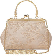 Borsa da sera elegante per donna, piccola borsa a mano con fiori, schoudertas per donna per festa, matrimonio, brida, con catena champagne e bordo champagne.