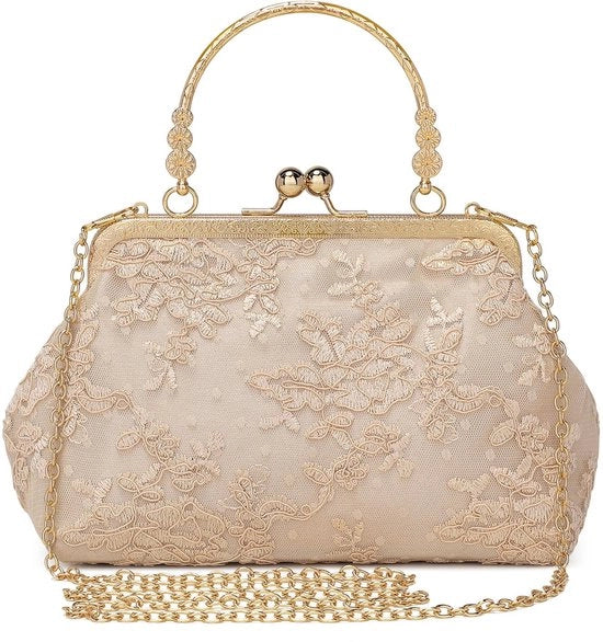 Borsa da sera elegante per donna, piccola borsa a mano con fiori, schoudertas per donna per festa, matrimonio, brida, con catena champagne e bordo champagne.