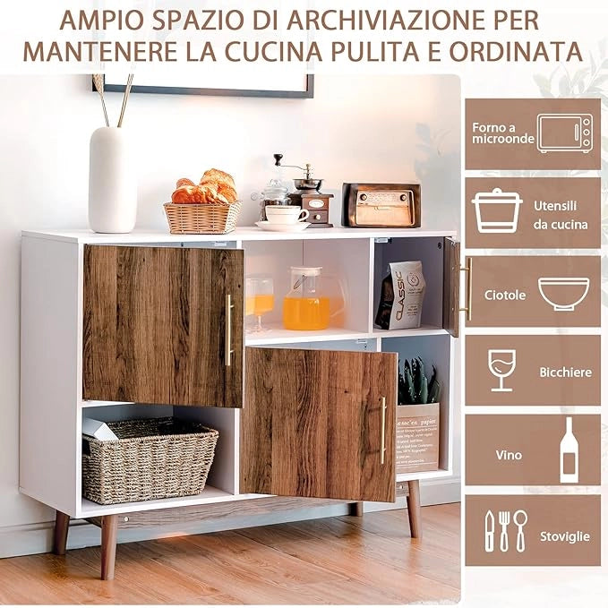 Mobile con 3 Ante e Scompartimenti, Armadietto da Interno Moderno e Versatile, con Gambe, Ideale per Ingresso, Soggiorno e Cucina, 95 x 31 x 76 cm, Bianco e Caffè