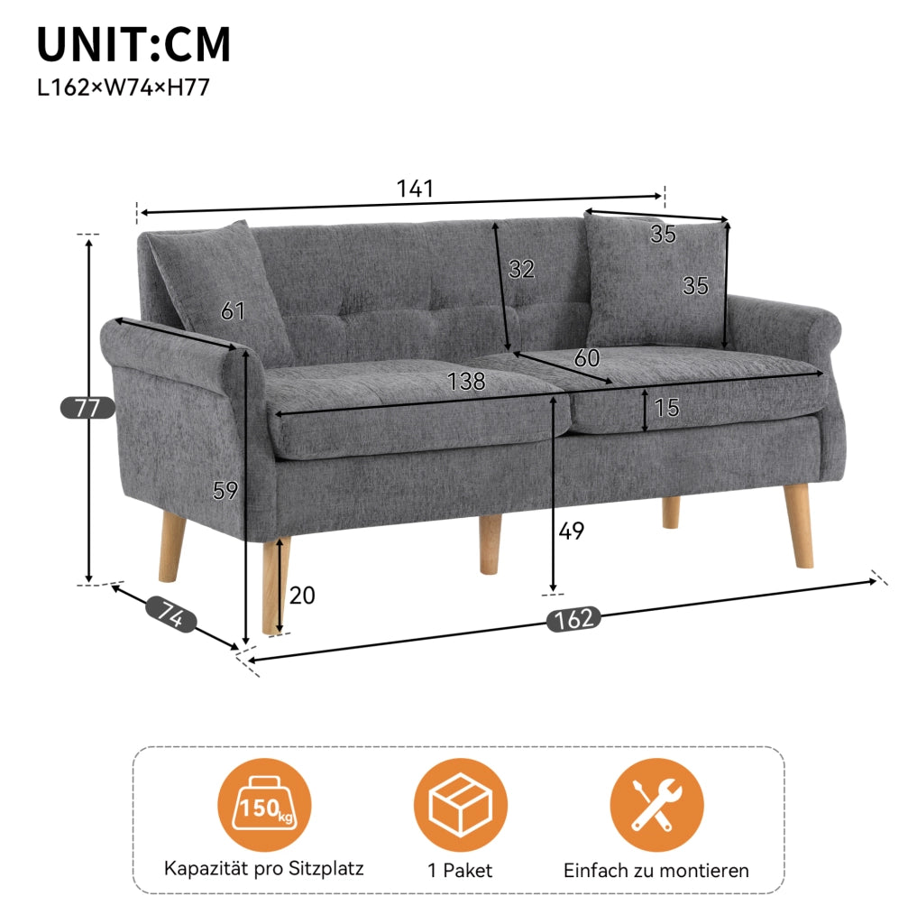 Divano a 2 posti in chenille grigio 162x74x77 cm con cuscini