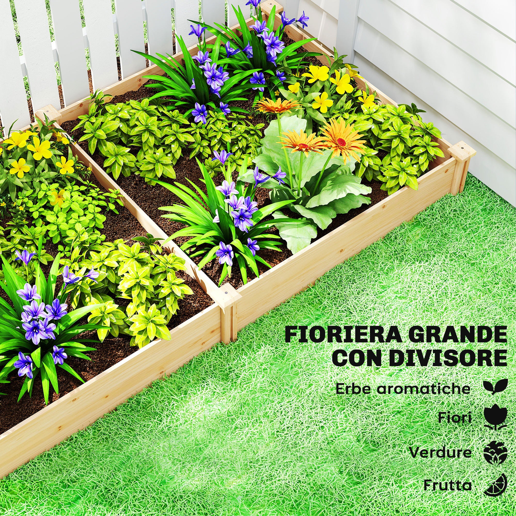 Orto in Cassetta 235x121x26 cm con Divisorio Centrale e Fondo Aperto in Legno di Abete