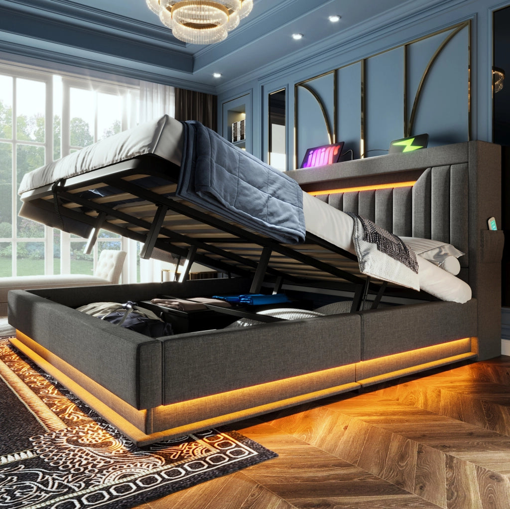 Letto matrimoniale 140x200 cm con materasso, LED e ricarica USB-C