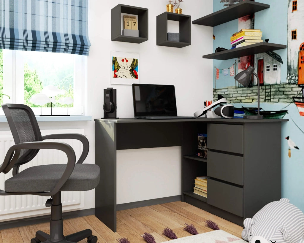 Scrivania angolare AKORD B16 Grigio Grafite 124 cm 3 cassetti 124x85x77 cm Modello a destra