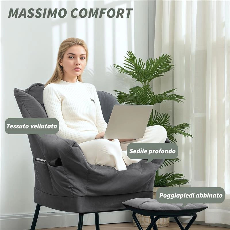 POLTRONA MODERNA CON POGGIAPIEDI E 2 TASCHE LATERALI IN TESSUTO EFFETTO VELLUTO E ACCIAIO 80X78X100 CM GRIGIO