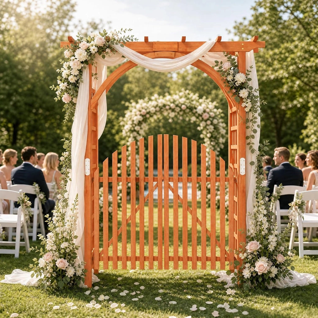 Arco da Giardino in Legno Abete, Pergola per Piante Rampicanti | con Cancello e Serratura, Pergolato Decorativo da Esterno per Matrimonio, Cerimonia e Festa, 161 x 60 x 216 cm