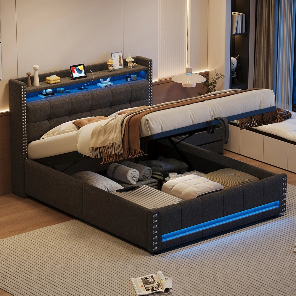Letto imbottito con cassone - Xylo - 140x200cm - Grigio - Illuminazione LED e presa USB