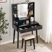 Tavolo da trucco con illuminazione LED e spazio di stoccaggio - Nero con specchio e sgabello