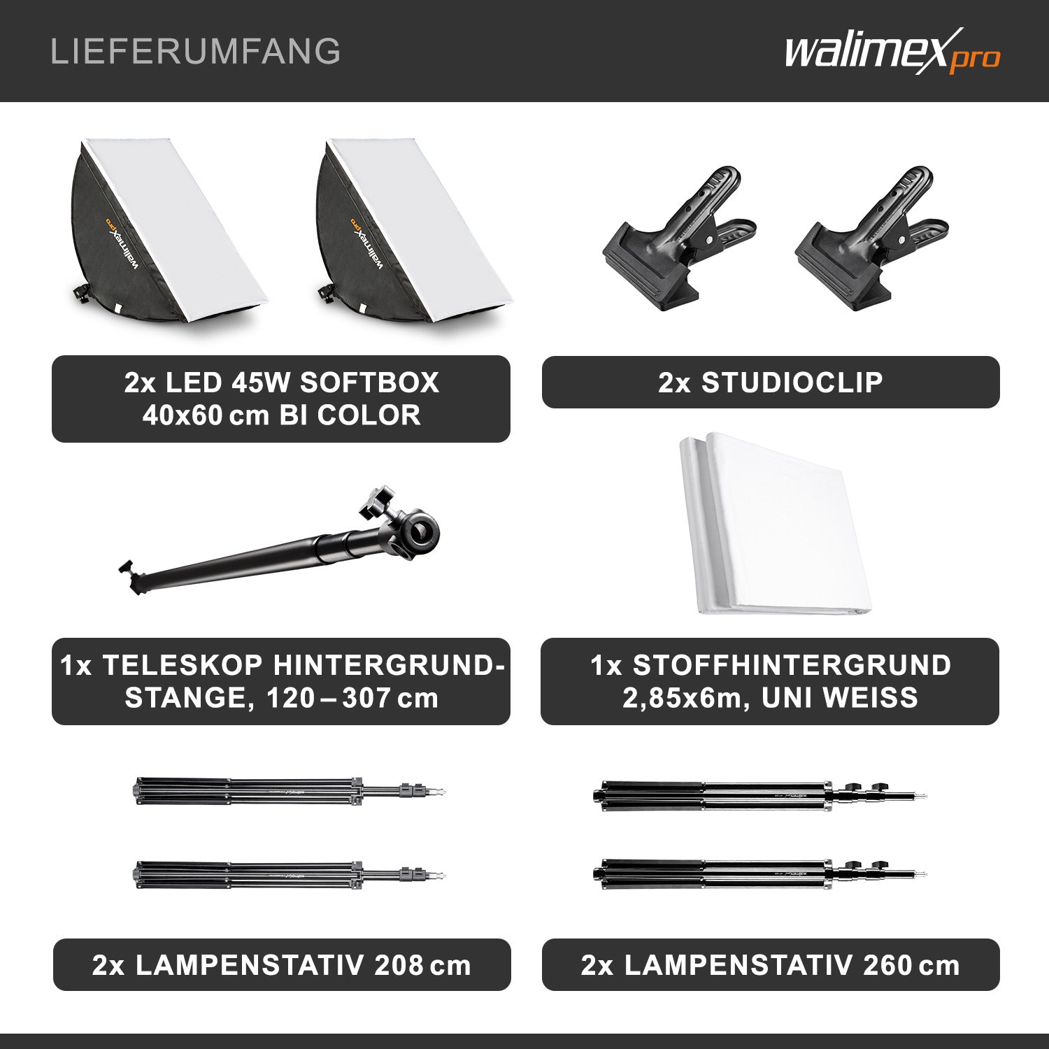Set premium per studio fotografico incl. 2x treppiede lampada, 2x softbox LED 45 W bicolore e sfondo, potente illuminazione video per interno