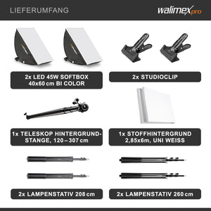 Set premium per studio fotografico incl. 2x treppiede lampada, 2x softbox LED 45 W bicolore e sfondo, potente illuminazione video per interno