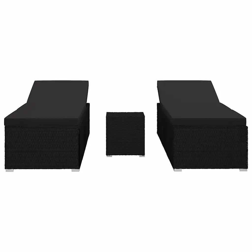 Lettini da giardino con cuscino 3 pcs Nero Poly Rattan 46223