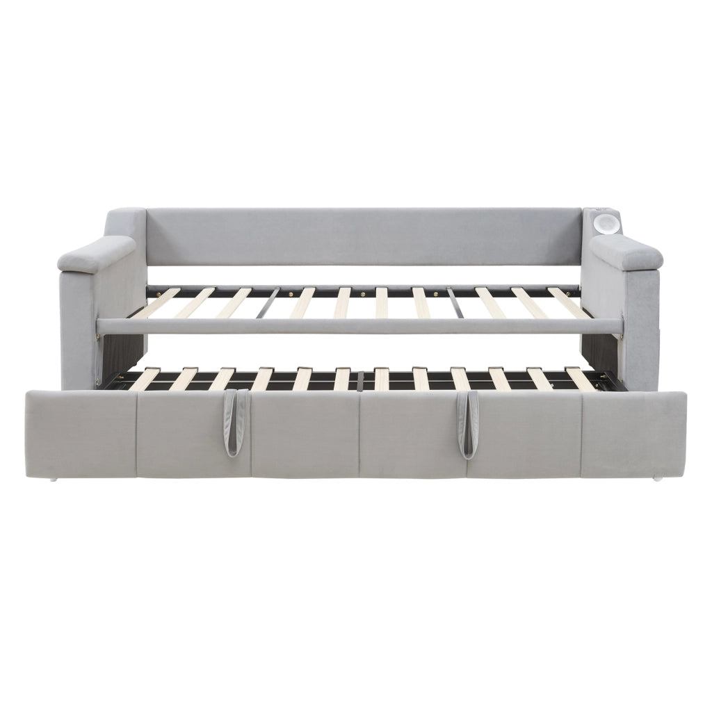 Divano letto 90x190 cm estendibile con Bluetooth; USB e vani portaoggetti in velluto grigio