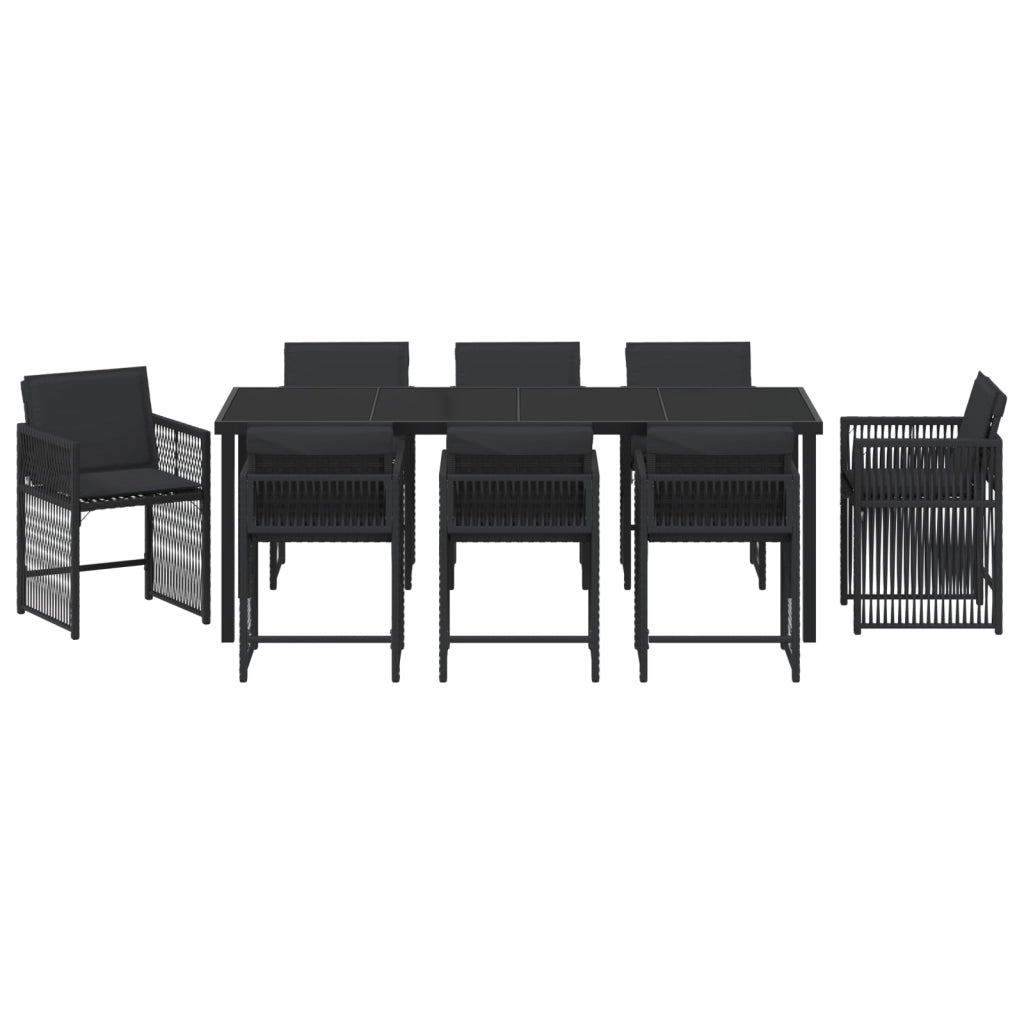 Set da pranzo da giardino con cuscini neri in polyrattan