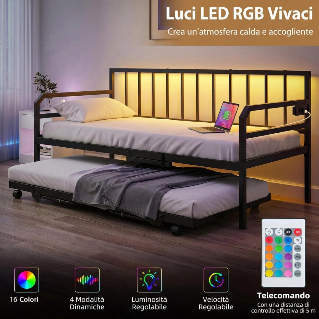 Letto Estraibile, Divano Letto Singolo con Luci LED e Stazione di Ricarica, Lettino Matrimoniale con Struttura in Metallo, 2 Pz 90x200 cm, per Soggiorno e Camera da Letto (Nero)