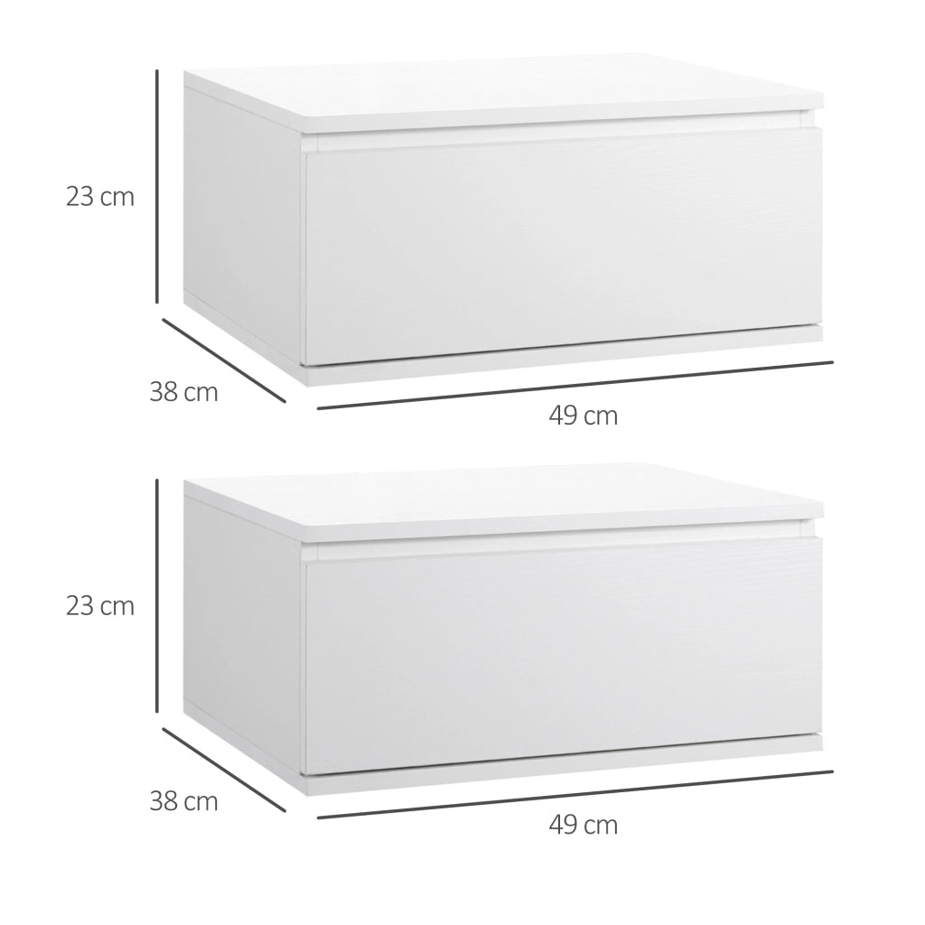 Comodino Set 2 Pezzi con Cassetto e Design Sospeso in Truciolato e MDF, 49x38x23 cm, Bianco