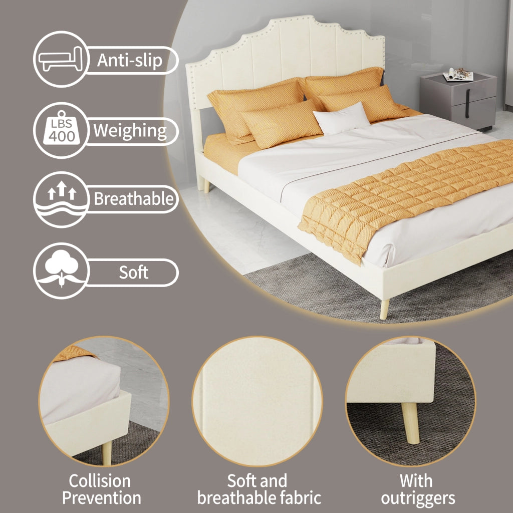 DESMIU Letto matrimoniale 140 × 200 cm 2 posti con testiera geometrica, senza materasso, in tessuto beige