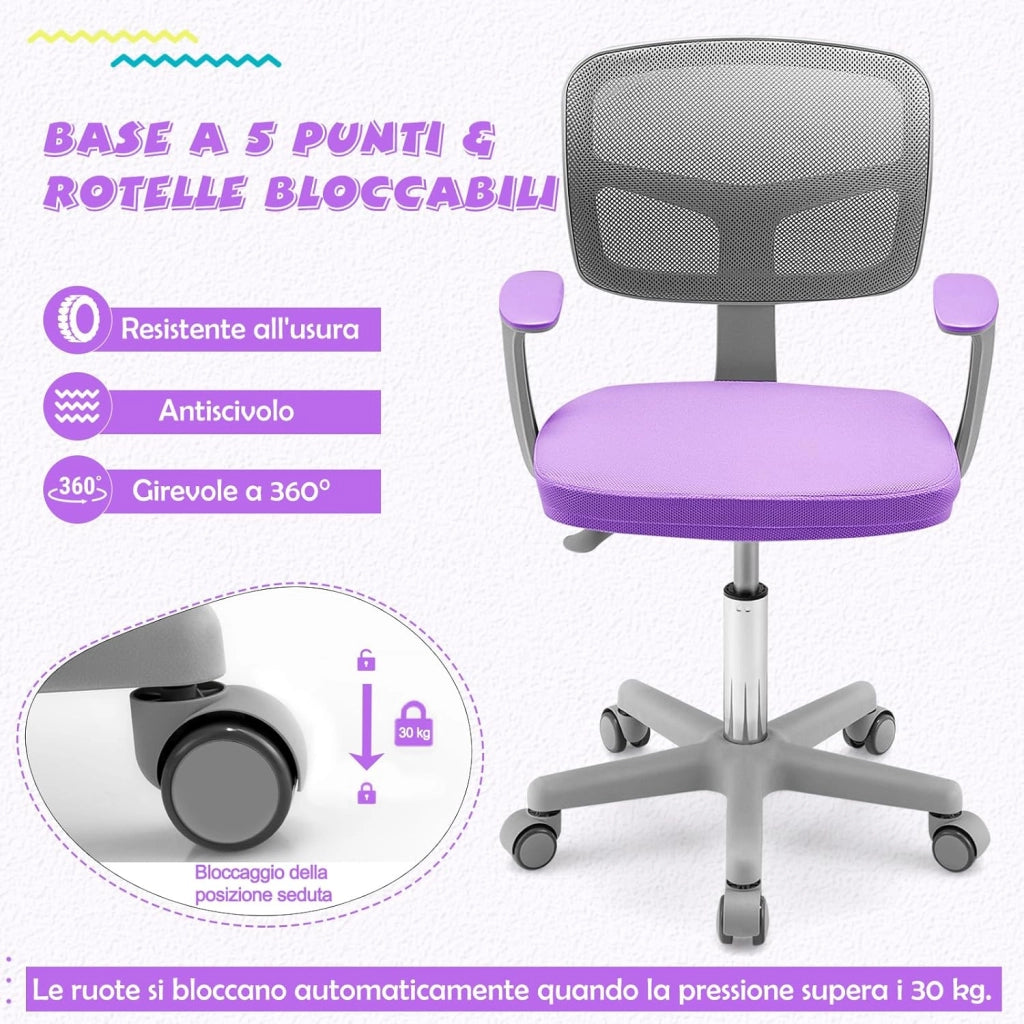 Sedia per Scrivania per Bambini, Sedia per Computer per Bambini con Altezza Regolabile, Ruote con Freni, Sedile Girevole a Rete, Sedia Ergonomica per Bambini 3-10 Anni (Viola chiaro)