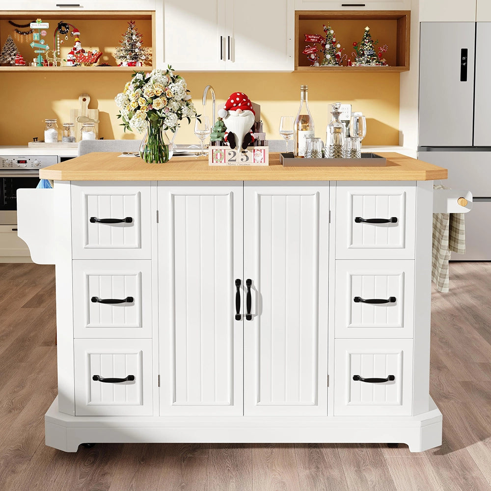 Isola da cucina mobile - Xylo - 120x45(75)x91 cm - bianco/nero - 2 ante e 6 cassetti