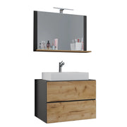 Luce Mobile Sospeso con 2 cassetti Large con lavabo in ceramica di alta qualità e specchio, Antracite/Rovere , lavabo Bianco