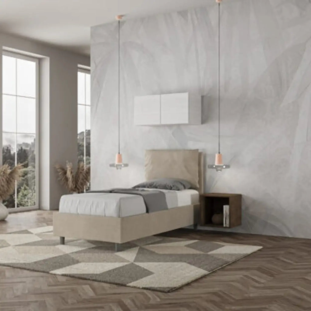 Letto singolo contenitore imbottito 80x210 microfibra sabbia Antea