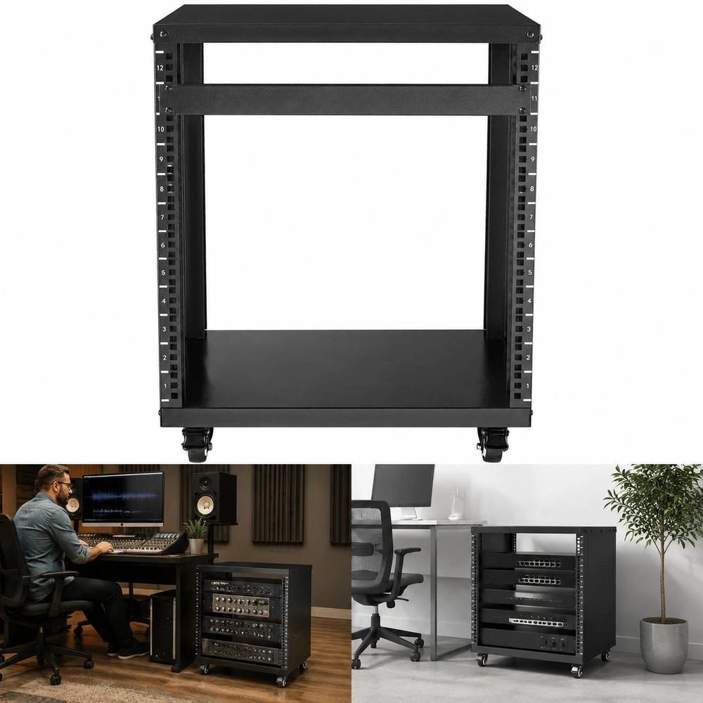 12U AV Rack Stand, 500 Lbs Capacity, Network Stereo Recording Studio Rack With Lockable Casters, Round And Square Holes, Special Ventilation Openings For Mounting 19-inch Audio, Video, Music And IT Equipment