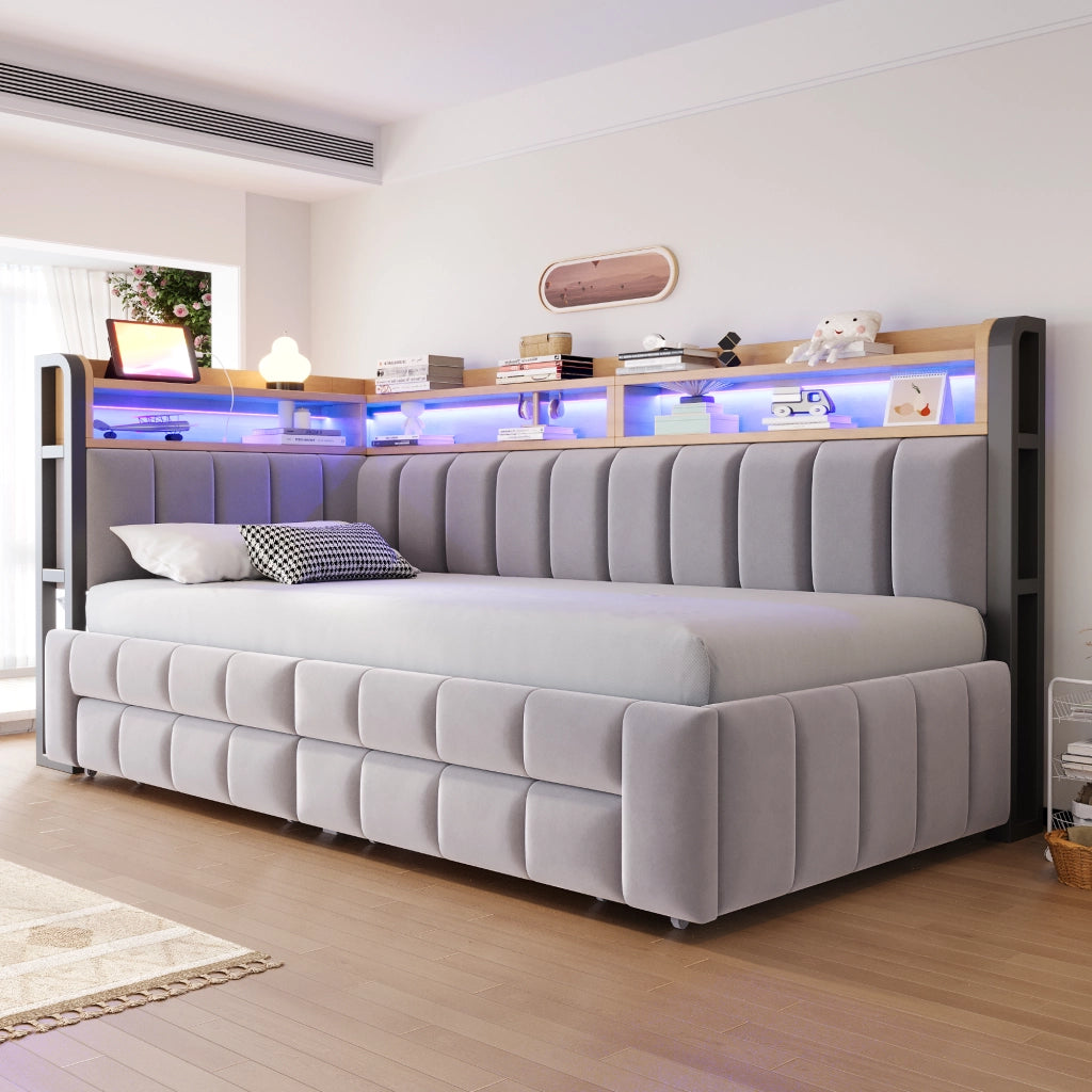 Letto divano 90 × 200 cm estensibile a 180 × 200 cm con cassetti, ripiani, LED, USB e Type-C, senza materasso