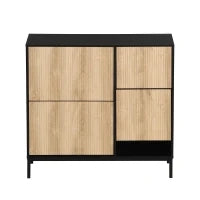Scarpiera con sgabello per cambio scarpe, 3 ante con ripiani, 100x25x100 cm, Nero e Legno naturale