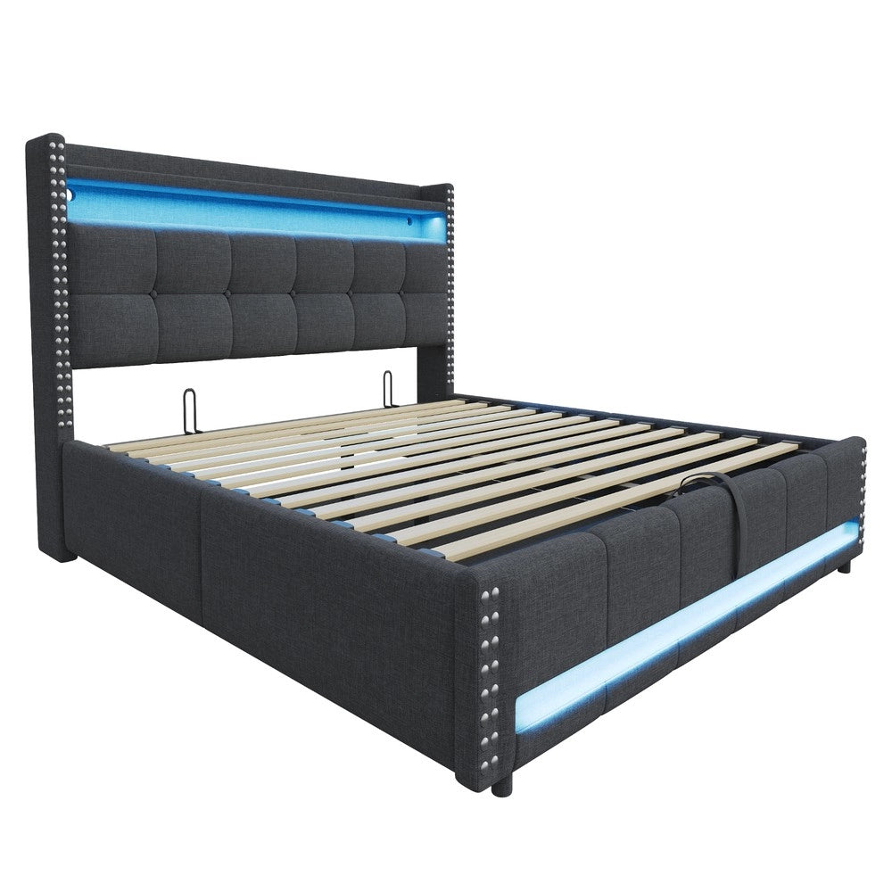 Letto Imbottito Contenitore Matrimoniale con LED e USB ¨C MINIMAL ¨C Tessuto Grigio 180x200