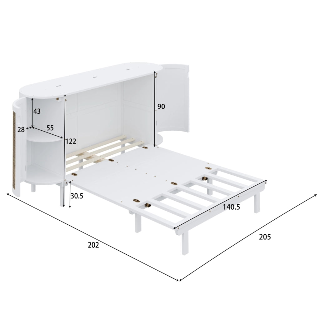 Wall Bed;140x200 cm;featuring storage;rattan design;slatted frame;white