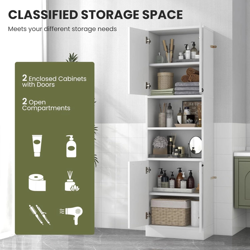 Credenza da Cucina Alta 190 cm con 4 Ante, 2 Scomparti Aperti e 6 Ripiani, 4 Kit Antiribaltamento, Armadio Portaoggetti per Cucina e Bagno