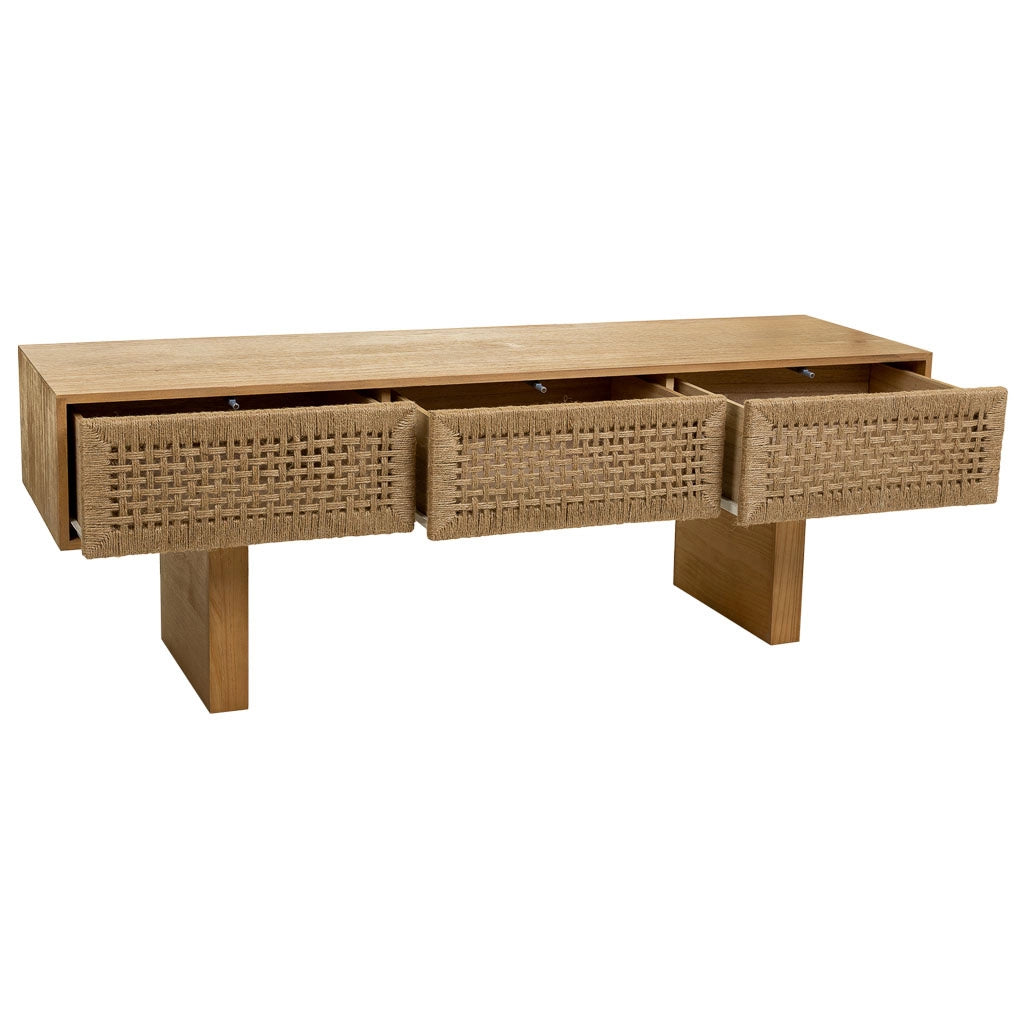 Mobile basso in legno e corda intrecciata marrone 130x36x45h