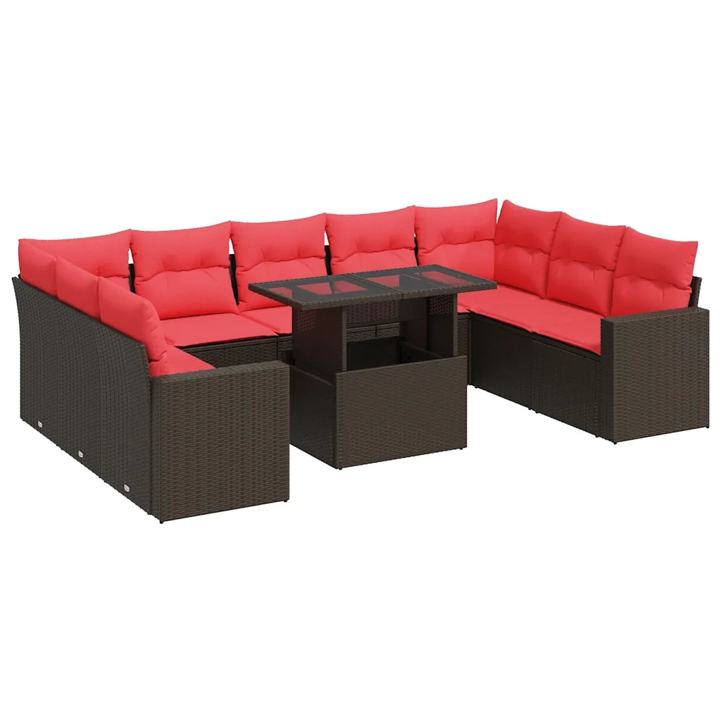 Set Divani Giardino 10 pz con Cuscini Polyrattan Marrone Acacia 3326385