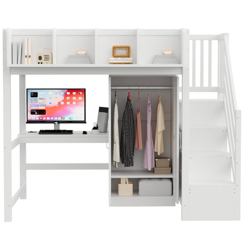 Letto a soppalco 90x200 con scrivania, armadio e scala contenitiva