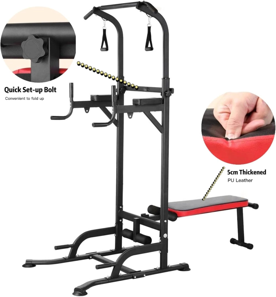 Dip Station Power Tower, torre multifunzione con panca pieghevole, barra per sollevamento pesi per allenamento a casa, con fasce per allenamento, capacità di carico fino a 200 kg