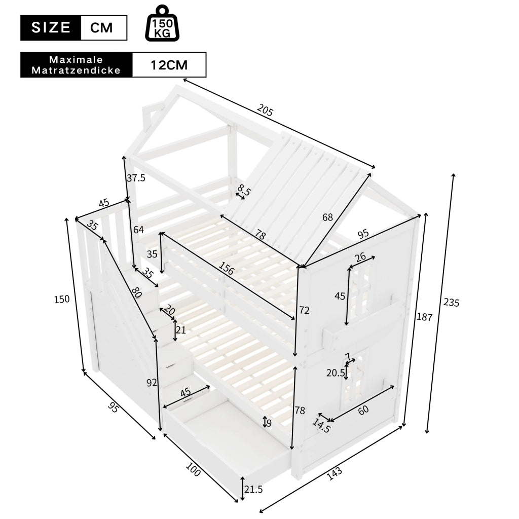 Letto a castello per bambini 90x200 cm con scala contenitore, cassetti e ripiani, senza materasso, bianco