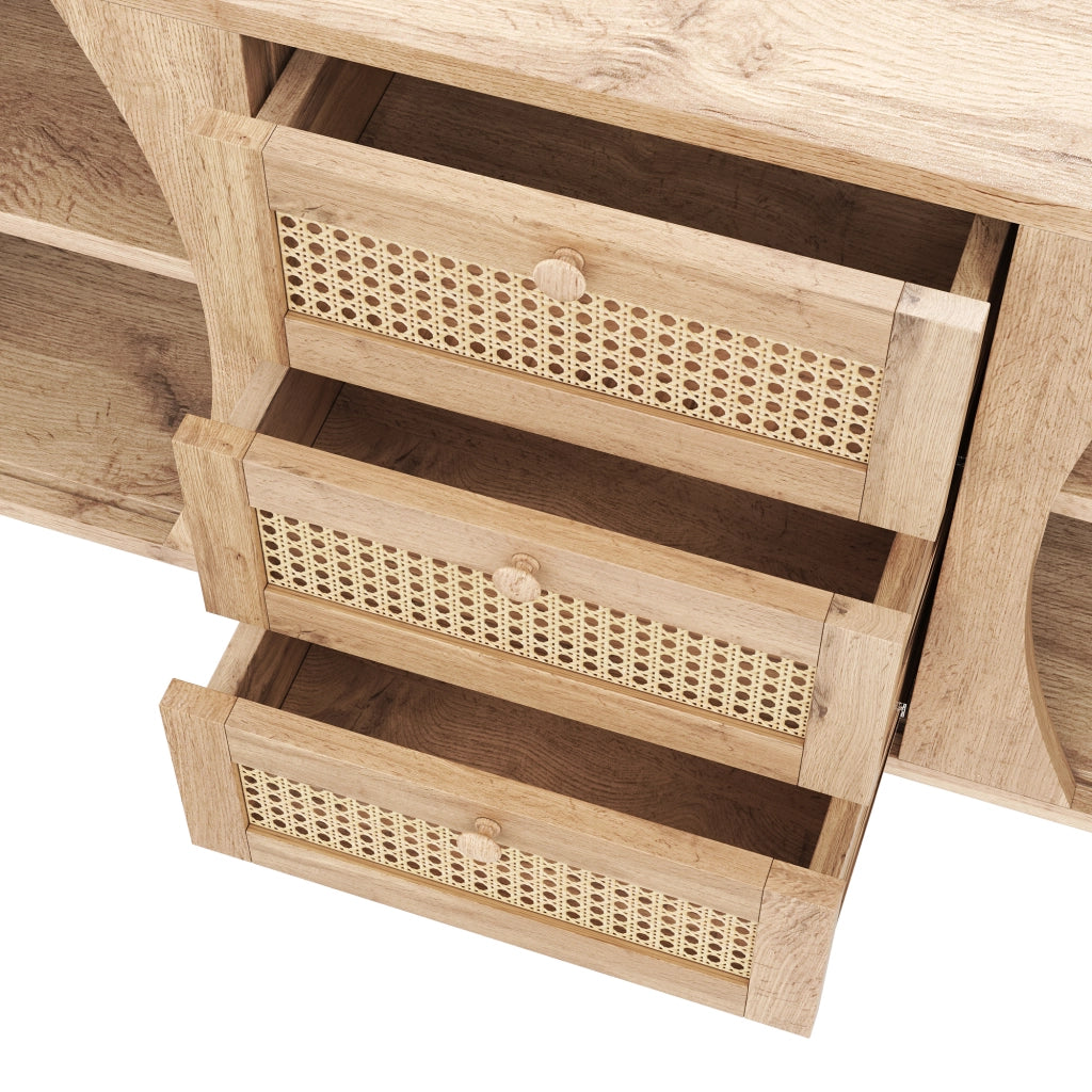 Credenza con 2 Ante Scorrevoli; 3 Cassetti in Rattan; Ripiani Regolabili; Piano Arrotondato; Stile Naturale; 140;5??40??76 cm